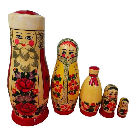 Vintage Lot 5 Russian Nesting Dolls Man Beard Unique Shaped Floral - Picture 1 of 13